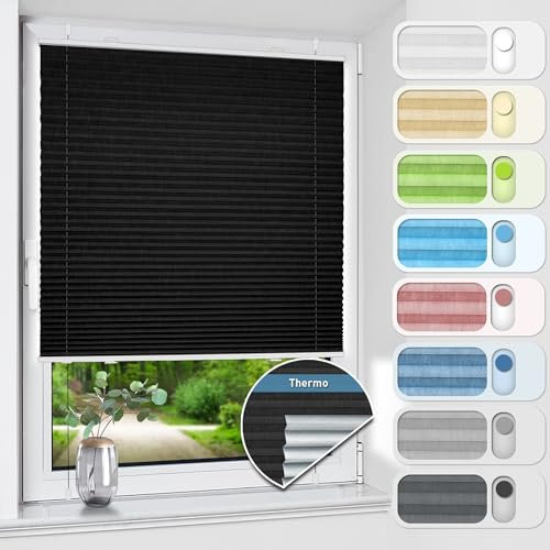 HOMEDEMO Plissee ohne Bohren verdunkelung, Thermo Plisseerollo Klemmfix, Schwarz 35x110cm(BxH) Verdunklungsplissee 100% lichtundurchlässig für Fenster, Blickdicht Sichtschutz Sonnenschutz