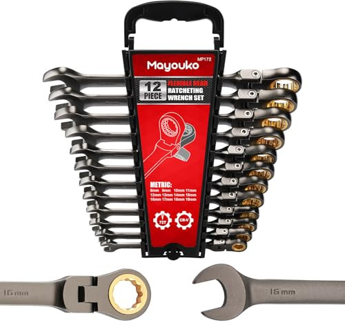 Mayouko 12PCS Metric Flex Head Ratcheting Wrench Set, 8-19mm, 72-Tooth, Ratchet Combination Wrenches Set with Portable Organizer, Chrome Vanadium Steel