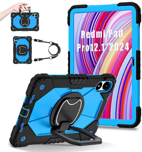 FONREST Portable Rugged Case for Xiaomi Poco Pad/Redmi Pad Pro 12.1'' 2024 with Swivel Kickstand/Hanging Ring Lifting Handle Lanyard Hybrid Heavy Duty Shock-proof Armor Cover (Black+Blue)