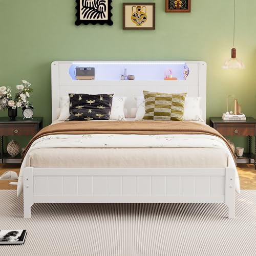 Letto matrimoniale 140 x 200 cm, letti in legno con ripiano aperto, con strisce di luce ambientale, piano, crescenti e adulti, telaio in pino