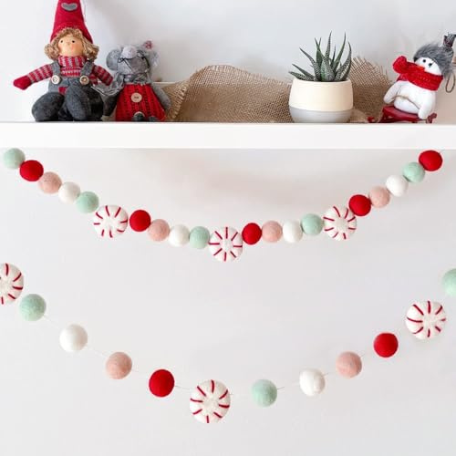 Weihnachtsgirlande Filz, Pfefferminz-Dekor, Pfefferminz-Girlande, Winterdekoration, Süßigkeiten-Filzkugeln für Weihnachtsbaum, Kaminsims, Kinderzimmer, Wohnzimmer, Kinderzimmer (Süßigkeiten)