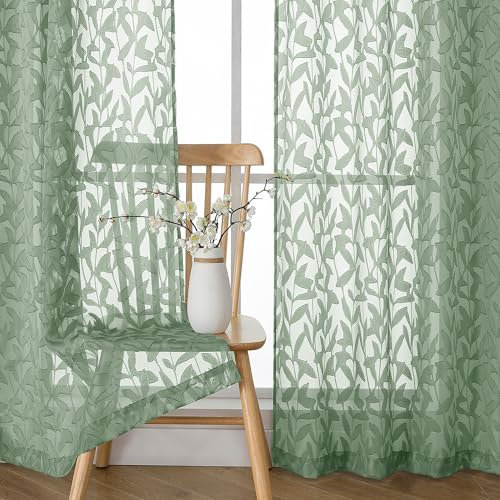 OWENIE Leyna Sage Green Sheer Curtains 72 Inches Long for Bedroom 2 Panels Set, Light Filtering Clip Jacquard Textured Living Room Curtains, Rod Pocket Leaves Door Drapes, Each 40Wx72L Inch