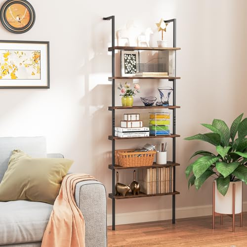 GIANTEX Estantería Escalera de 6 Niveles, 60 x 20 x 183 cm, Librería de Madera y Marco de Metal, Estantería de Exhibición de Pared, Organizador para Salón, Dormitorio, Estudio (Marrón)