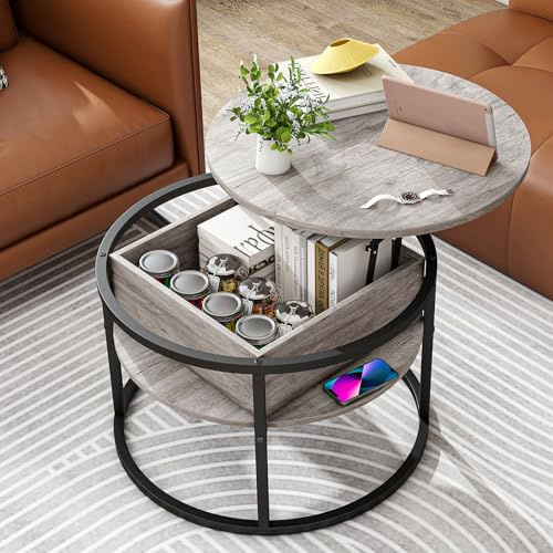 HOJINLINERO Couchtisch Rund mit Stauraum,2 Ebenen,70x47cm,Grau | Stabiler Metallrahmen,Zweistöckiges Ablagefach,Glatte Einfach Zu Reinigende Platte,Kompakt Für Wohnzimmer kleine Wohnung