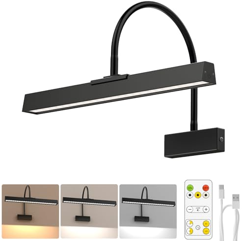 Hudyogy Picture Frame Light with Remote, Wireless 16 Inch Black Art Light, Battery Operated Picture Light with 3 CCT, Dimmable and Timer Wall Picture Lights for Painting, Wall, Gallery, Artwork, Frame