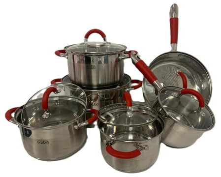 OTA Batería de Cocina 12 Piezas Acero Inoxidable Tapas de Cristal Apto para todo tipo de cocina con Asas Rojas