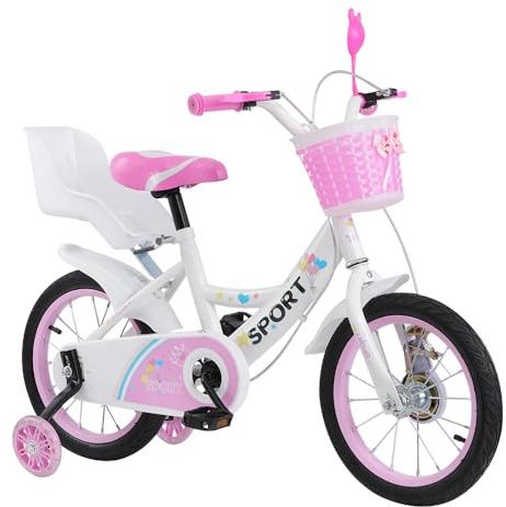 Supfine 14 Zoll Kinderfahrrad mit Puppen-Sitz, Korb, Stützräder und Glocke für Geburtstag, Mädchenfahrrad für Mädchen von 3-5 Jahren (Weiß,Puppenfahrradsitz, 14 Zoll)