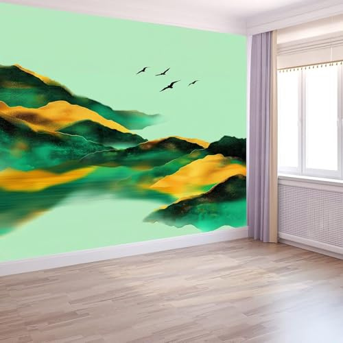250 x 175 cm Papel pintado mural Verde Arte Papel tapiz Fotomural Montañas Abstractas Pájaros, Moderna Decoración Tejido no Tejido Decoración De Pared Sala Cuarto