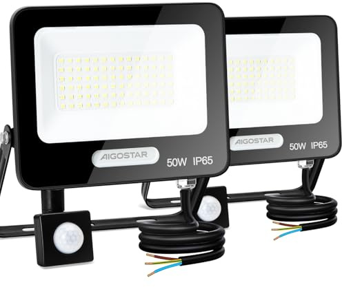 Aigostar- 50W Foco LED con Sensor Movimiento, Super Brillo Focos Exterior, 4600LM, Blanco Frío 6500K, IP65 Impermeable, Proyector LED Exterior, Perfectas para Jardín, Garaje, Patio, Paquete de 2
