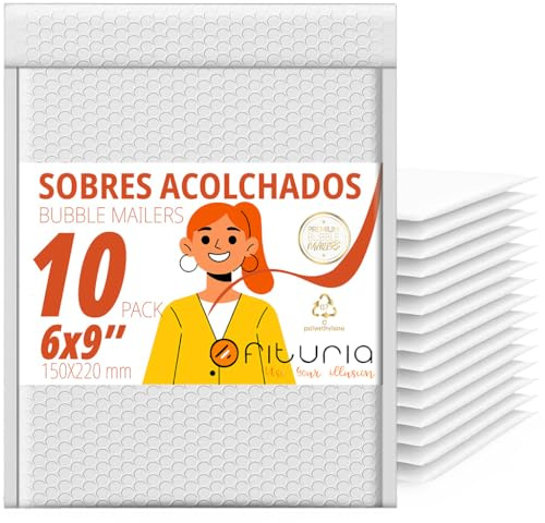 OFITURIA Sobres acolchados con burbujas 150x220 mm, polietileno blanco, sobres de envío con cierre adhesivo fuerte, resistentes al agua, ideales para ecommerce y oficina (10 uds)
