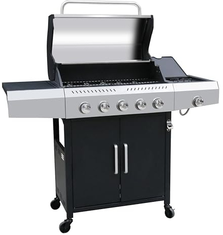 BRICOZONE Barbecue A Gas Professionale XXL 6 Bruciatori Con Bruciatore Laterale 16 Kw Coperchio Doppio Termometro Ruote Piani Laterali Scaldavivande E Griglia In Acciaio Inox (6 Fuochi)
