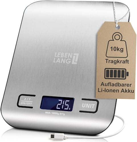 LEBENLANG Bascula cocina digital recargable USB - Hasta 10 kg & Incl.cable de carga I Balanza cocina precision Peso de comida Balança precisão para cozinha Food kitchen scale gramos Báscula alimentos