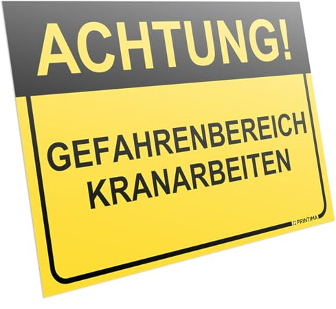 PRINTIMA Warnschild „ACHTUNG! Gefahrenbereich – Kranarbeiten“ 32x21cm – Sicherheits-Hinweisschild aus Kunststoff mit Montagedübeln – Baustellen Schild Kraneinsatz Gefahr