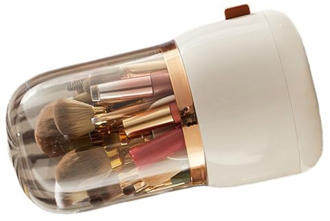 Xiuganpo Makeup Brush Storage Container with Clear Lid, Rotating Cosmetic Organizer Bucket, Large Capacity Makeup Brush Bucket for Home and Travel (White)