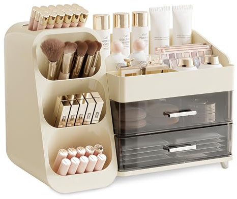 MFUSUL Organizador de Maquillaje para Tocador, Organizador Perfumes y Cremas con Cajones, Gran Capacidad, para Pintalabios Cuidado, Blanco Lechoso