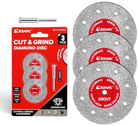 EZARC 1-1/2 Diamond Cutting Wheel for Cutting Sharpening Carving, 0.6mm Kerf, 1.5 x 1/8 Tile Cutting Wheel 3-Pack, Rotary Tool Cutting Disc Accessories Include Mandrel