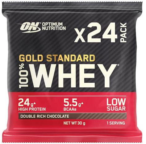 Optimum Nutrition Gold Standard 100% Whey Muscle Building and Recovery Protein Powder With Naturally Occurring Glutamine and BCAA Amino Acids, Double Rich Chocolate Flavour, Pack of 24, 24 x 31g