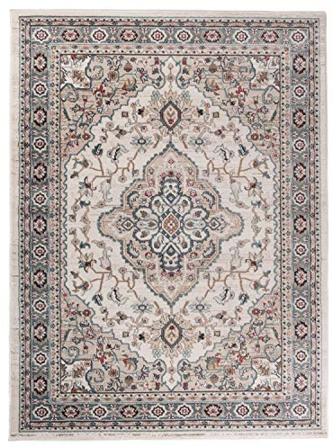 Carpeto Rugs Tapis Salon Motif Fleur Oriental - Tapis Grande Taille de Chambre Adulte Moderne à Poils Ras - Moquette pour Chambre et Salon - Gris Beige Crème - 60 x 100 cm