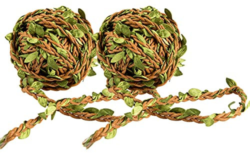 ICYANG 10 m lange Schnur mit Blättern, 2 Stück, Juteband, 5 mm, mit künstlichen grünen Blättern, Ranken, geflochten, dekoriert, für Weihnachten, Kunst und Handwerk, Dekoration, Party-Dekoration