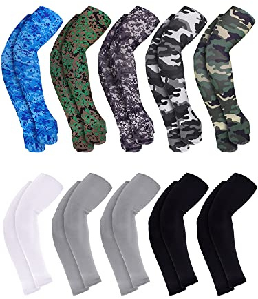 Boao 10 Pairs UV Sun Protection Arm Sleeves for Men Women Sport Cooling Tattoo Cover Compression Sleeves with Thumbholes(Black, Gray, White and Camo Series Color,Natural)