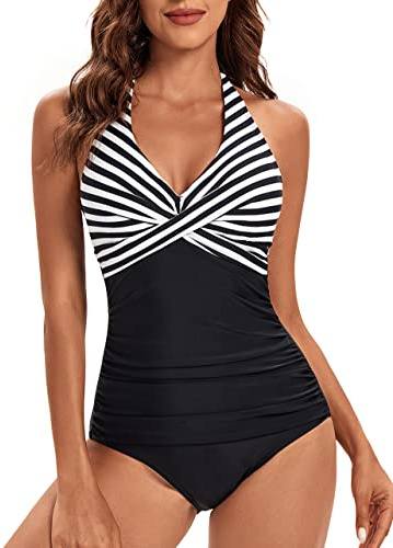 VILOREE Damen Badeanzug Einteiliger Bademode Schwimmanzug Neckholder V-Ausschnitt Rückenfrei Push Up Figurformend Bauchweg Schwarz Streifen L