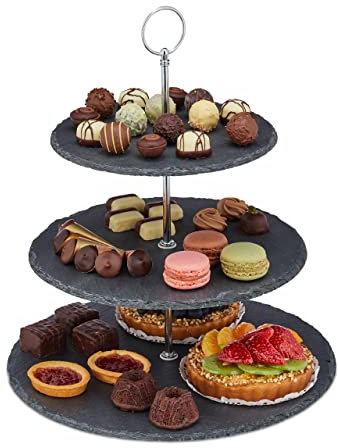 Relaxdays Alzata in Ardesia, 3 Piatti per Dolci, Snack e Frutta, Centrotavola con Manico in Metallo, Antracite Argento