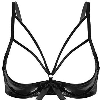 Freebily Reggiseno Donna Sexy Hot Aperto Lucido Reggiseni con Ferretto in Pelle Verniciata Bra Push Up Bikini Top Triangolo Babydoll Lingerie Brassiere Reggiseno Balconcino Nero L
