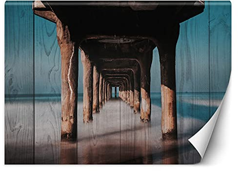 Feeby Papier Peint Intisse Effet 3D Imitation Bois 300x210 cm marron Moderne Panoramique XXL Photo Mural Muraux Chambre Bureau Salle Jetée Mer Illusion 3D