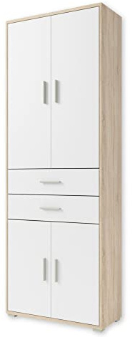 Stella Trading Aktenschrank in Eiche Sonoma Optik, Weiß - Hoher Büroschrank mit 4 Türen - Modernes Büromöbel Komplettset - 79 x 220 x 35 cm (B/H/T)