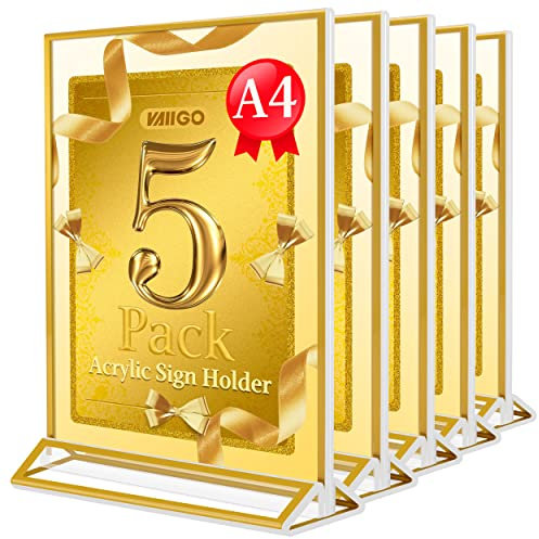 VAIIGO A4 Acrylic Sign Holder with Gold Borders, Upright Double Sided Poster Menu Holder, Ideal for Wedding Table Numbers, Restaurant Banquet Menu Holder, Counter Display Stand, Etc-5 Pack