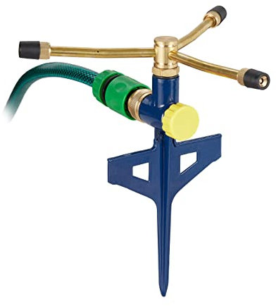 Relaxdays Rasensprenger, 360° Gartenbewässerung, 11 m Reichweite, Erdspieß, 3-Arm-Kreisregner, Metall, Gold/blau, 24,5 x 23 x 20 cm