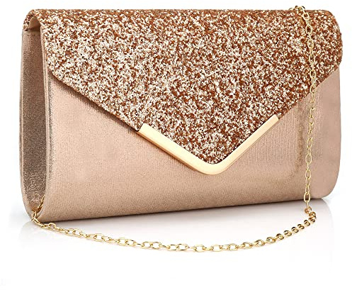 Milky Way Pochette Enveloppe Soirée Sac à Main Mariage En Paillettes Brillan Bandouliere Chic Et Elegant Clutch Argenté Avec Chaîne pour Femme Rose Gold