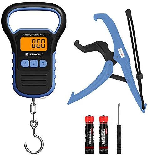 UNIWEIGH Digital Fischwaagen 110lb/50kg mit Lippengreifer,Gepäckwaage,Hängewaage mit LCD/großem Griff/Tara-Funktion,Wasserdichte Fischwaage,Paketwaage mit Maßband,inkl.Batterie-Blau