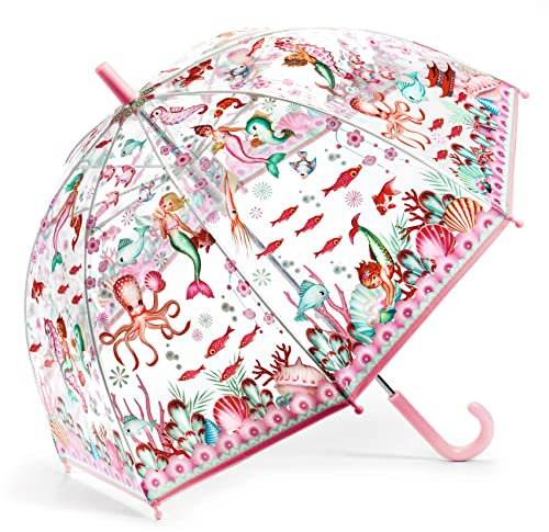 DJEC0 Kinder-Regenschirm Meerjungfrau | transparent sicher flexibel | Ø 70 cm mit rosa Griff und Schutzsystem für manuelles Öffnen | ideal für kleine Kinder