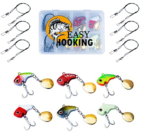 EasyHooking Jig Spinner Set 13-TLG - 6 Spin Jigs + 6 Stahlvorfächer mit Snap + Aufbewahrungsbox – optimal zum Raubfisch Barsch Hecht Zander Angeln Spinnerbait Bleikopfspinner Chatterbait (22g)
