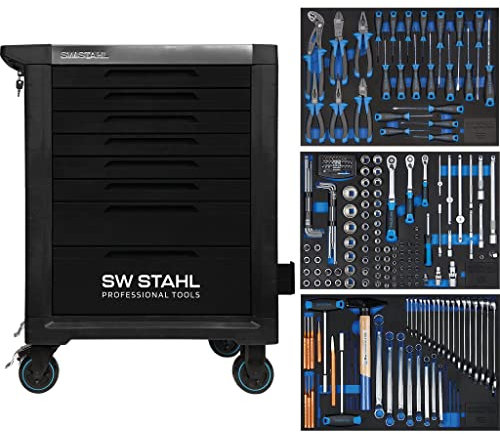 SW-Stahl Z3117 professionell verkstadsvagn TT801 svart I 8 lådor I 3 lådor fyllda I 213 delar I verkstad rullvagn utrustad med verktyg I Twin-Lock I verkstadsvagn kit I fullt utrustad