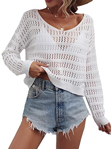 SHENHE Women's Crochet Hollow Out Drop Shoulder Beach Cover Up Scoop Neck Long Sleeve Sweater Top White Small