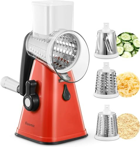 Rallador de Queso, Reemix Rallador Verduras con 3 Cuchillas de Tambor, Rallador Cocina de Corte más Rápido y Fácil, Cortadora de Verduras Ideal para Queso, Pepino, Zanahoria, Nueces- BPA FREE (Rojo)