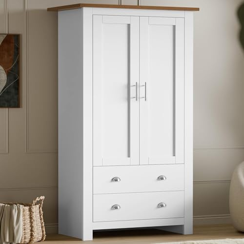 Wardrobes for Bedroom 2 Door 2 Drawer Wardrobe MDF With Shelf Hanging Rail Cloth Storage Wooden Wardrobe With Drawer Large Cupboard Bedroom Furniture, White & Oak, 180H x 86W x 52D cm