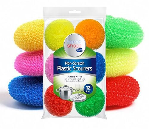 HOMESHOPA Non Scratch Plastic Mesh Scourers, 12 Pack Round Dish Pot Scrubber, Washing Up Reusable Sponge Scrub, Non Stick Scouring Ball Long Lasting Kitchen Dish Pads Stain Removing Cleaning Scrubber