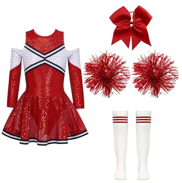 Aislor Mädchen Cheer Leader Kostüm Halloween Langarm Cheerleading Uniform Outfits Pailletten Kleid mit Pompoms/harrband Strümpfe Cheerleading Tanzkleid