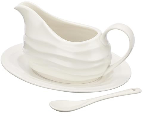 TOLIDA Salsera de cremik con bandeja, cuenco para servir con asa, dispensador con cuchara para salsera gourmet, para leche, chuletas de cerdo, postres, regalos, microondas y lavavajillas, color