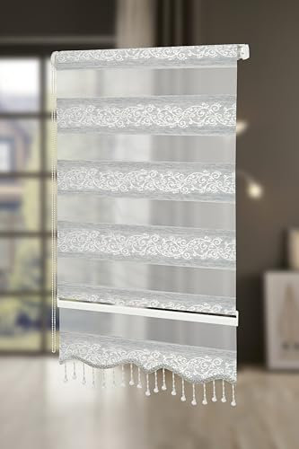 PlisseeOnline Doppelrollo Klemmfix ohne Bohren Grau Silber mit Muster und Perlen Duo Rollo für Fenster und Türen Plissee Rollo Gardine 120 x 150 cm Blickdicht Klemmrollo mit Perlen Seitenzugrollo