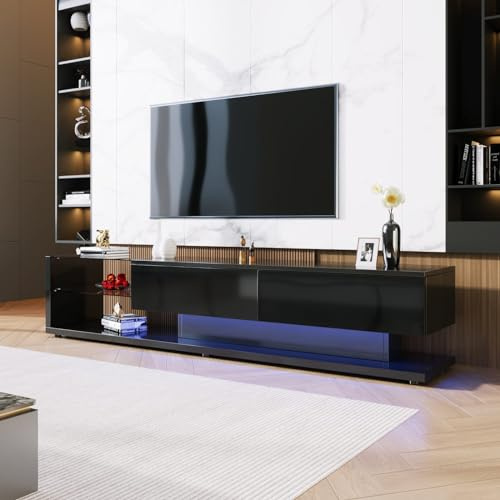 Sweiko Meuble TV, Table TV Lowboard Moderne,TV schrank mit Cloisons en Verre et éclairage LED Variable (Black)
