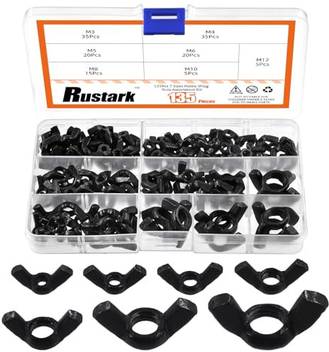 Rustark 135Pcs Black Butterfly Wing Nuts Assortment Kit M3 M4 M5 M6 M8 M10 M12 Butterfly Wingnuts Metric Carbon Steel Wing Nuts Hand Twist Secure Fasteners for Industrial Machine
