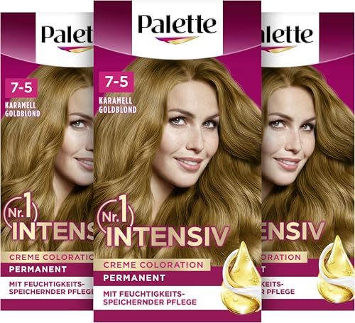Palette Intensiv Creme Coloration 7-5/546 Karamell Goldblond (3 x 115 ml), permanente Haarfarbe für leuchtende, langanhaltende Farbbrillanz & 100% Grauabdeckung