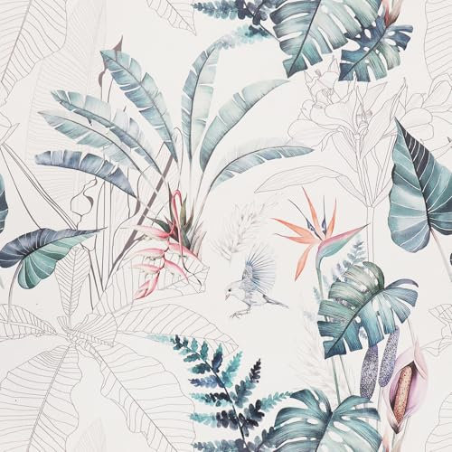 Papel tapiz autoadhesivo tropical, 44 x 500 cm, hojas verdes, flores tropicales, pájaros, plantas, selva, papel pintado para pelar y pegar, papel de pared autoadhesivo para sala de estar, baño