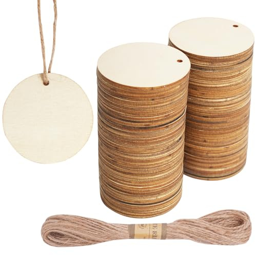 DLUSZERT 120 dischi di legno rotondi da 50 mm per fai da te con foro, ciondolo in legno bianco, rotondi, cerchi in legno con foro, dischi in legno naturale incompiuti per fai da te, decorazioni per