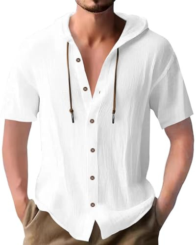 Leinenhemd Herren Hemd Kurzarm Baumwolle Shirt Kapuzenhemd Hoodie Button Down Freizeithemd Sommer für Männer