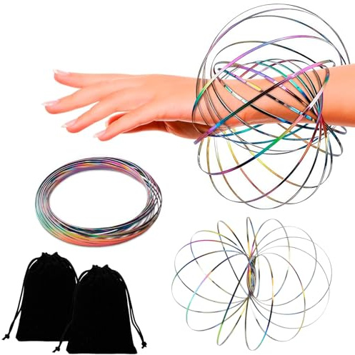 Pack de 2 Jouets Anneaux Flow Tours de Magie Jeu Géométrique Coloré, Jouet Anti-Stress Bracelet Flow Bras 3d Spirale en Acier Inoxydable Multi-Sensoriel éducatif Interactif Pour Les Loisirs Quotidiens